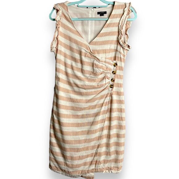 & Merci Striped Faux Wrap Mini Dress Women's Medium Ivory Linen Blend Spring Zip - Picture 2 of 11